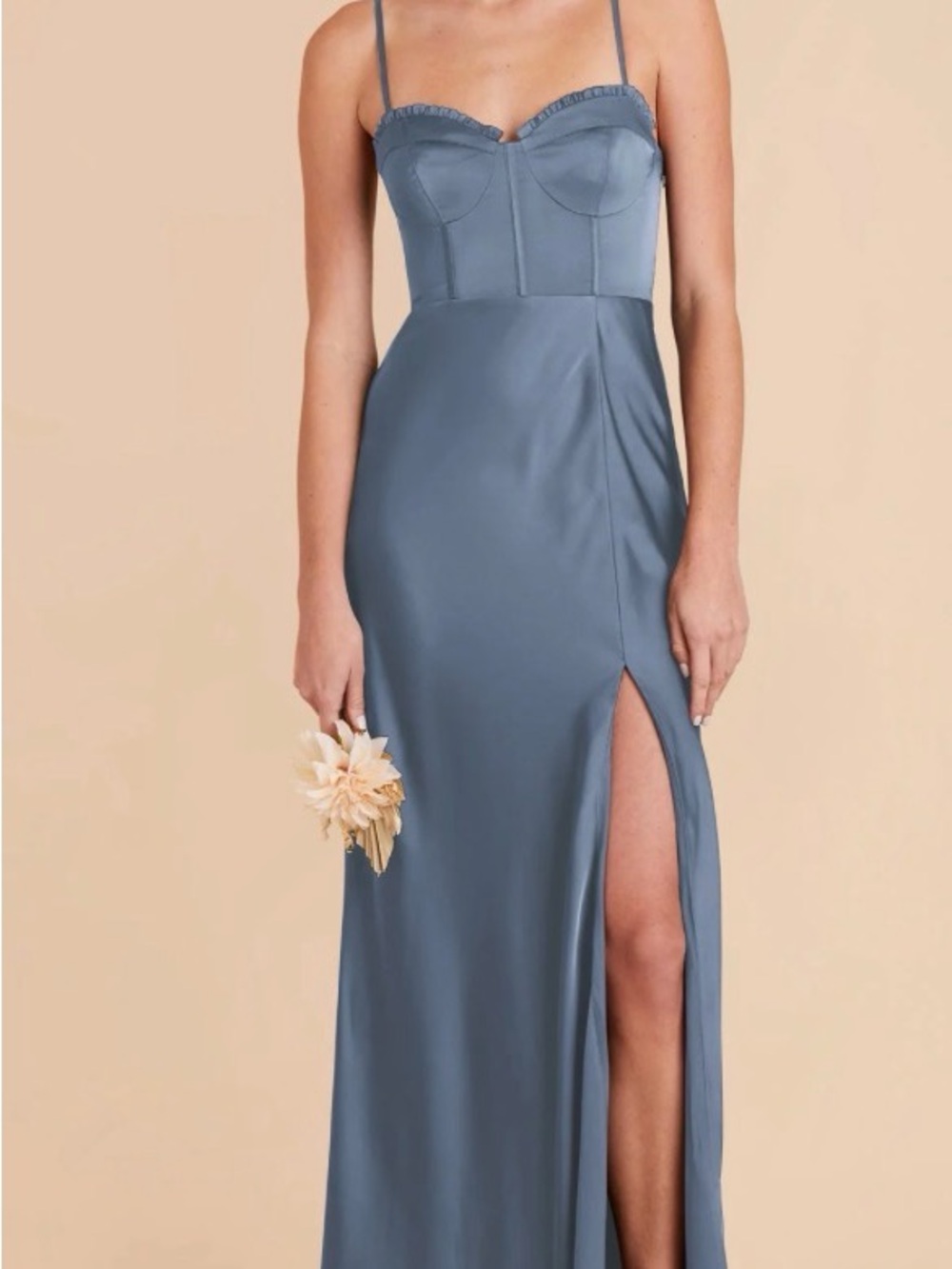Slate Blue Satin Spaghetti-Strap Evening Gown with Side Slit